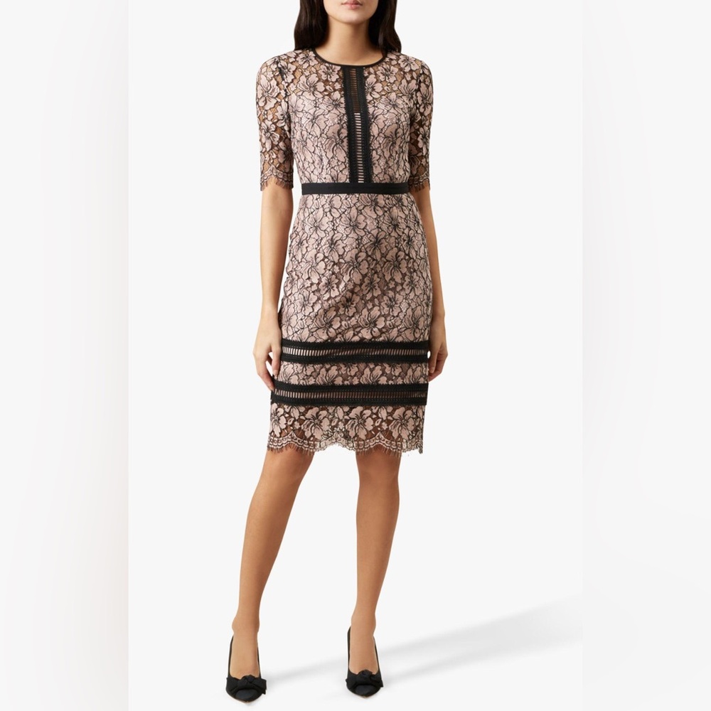 Hobbs London Penny Dress US 6 NWT Blush Pink Black Lace Cocktail Party Sheath